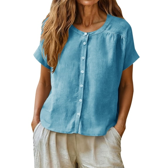Bovemsi Oversized Tshirts for Women Comfort Linen Cotton Blend Short Sleeve Button Loose Fit Tops for Women Trendy XXXL