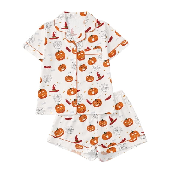 Bovemsi Pajamas for Women Comfort Halloween Print Short Sleeve Top & Shorts, Button Style Matching Sets Women Clothing White XXL