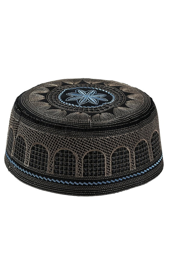 Pillbox Hat for Men Muslim Cotton Embroidered Flat Cocktail Tea Party Headwear