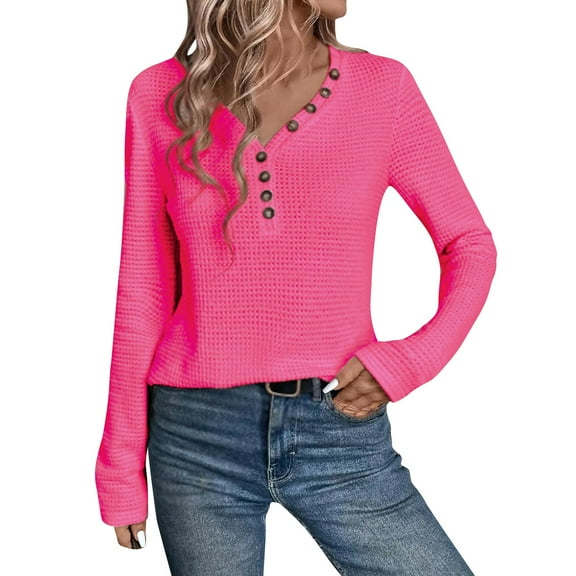 Bovemsi Plain T Shirts for Women Ladies' Fashionable Casual V Neck Button Long Sleeved Shirt Top Graphic T Shirts