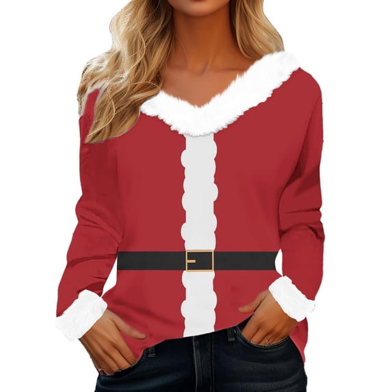 Bovemsi Plain T Shirts for Women Women's Christmas Belt Printed With Plush Collar Cuffs Long Sleeved Shirt Graphic T Shirts