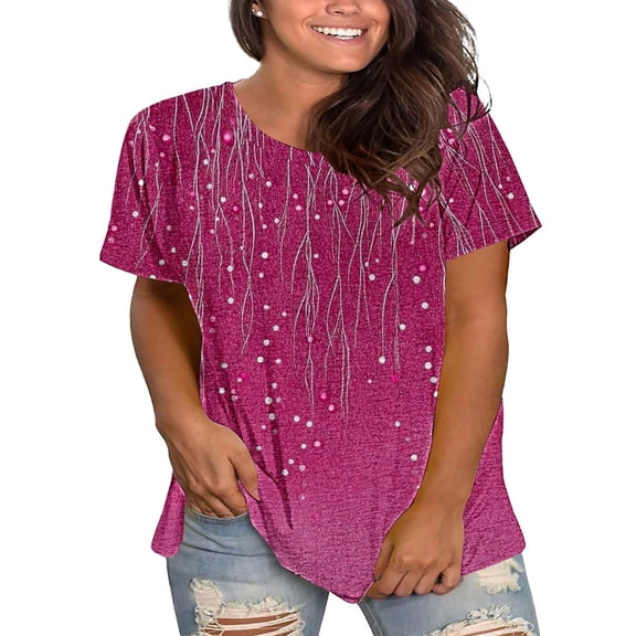 Bovemsi Plus Size Round Neck Short Sleeve T-Shirt for Women - Summer Loose Fit Casual Top with Floral Print - Cotton Blend Stretch Fabric, Hot Pink, 4XL