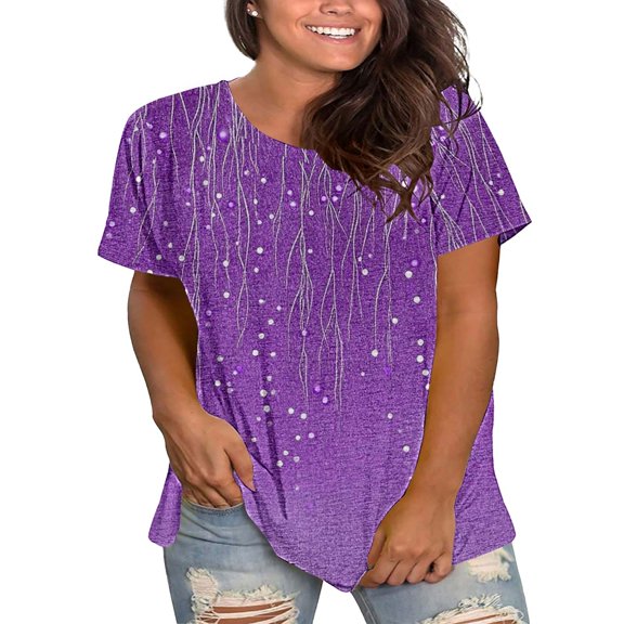 Bovemsi Plus Size Round Neck Short Sleeve T-Shirt for Women - Summer Loose Fit Casual Top with Floral Print - Cotton Blend Stretch Fabric, Purple, 5XL