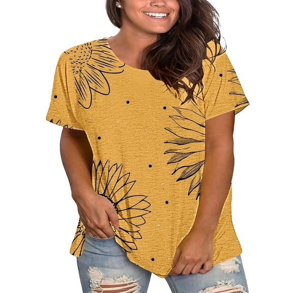 Bovemsi Plus Size Round Neck Short Sleeve T-Shirt for Women - Summer Loose Fit Casual Top with Floral Print - Cotton Blend Stretch Fabric, Yellow, 3XL
