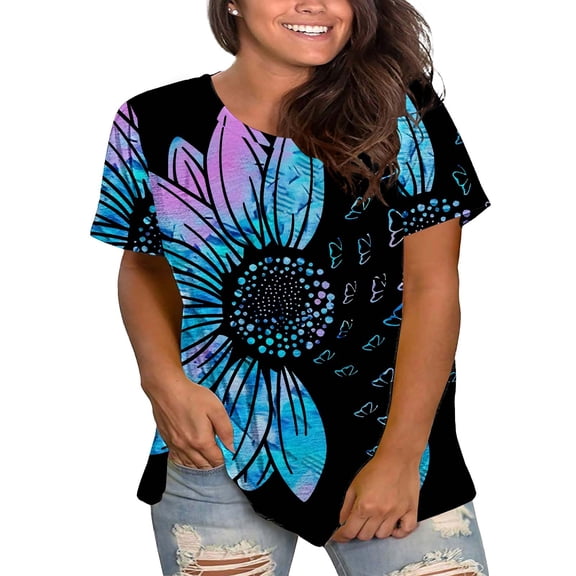 Bovemsi Plus Size Round Neck Short Sleeve T-Shirt for Women - Summer Loose Fit Casual Top with Floral Print - Cotton Blend Stretch Fabric, Blue, 3XL