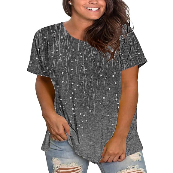 Bovemsi Plus Size Round Neck Short Sleeve T-Shirt for Women - Summer Loose Fit Casual Top with Floral Print - Cotton Blend Stretch Fabric, Grey, XXL