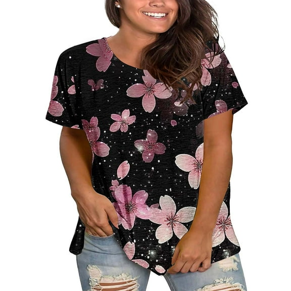 Bovemsi Plus Size Round Neck Short Sleeve T-Shirt for Women - Summer Loose Fit Casual Top with Floral Print - Cotton Blend Stretch Fabric, Pink, 3XL