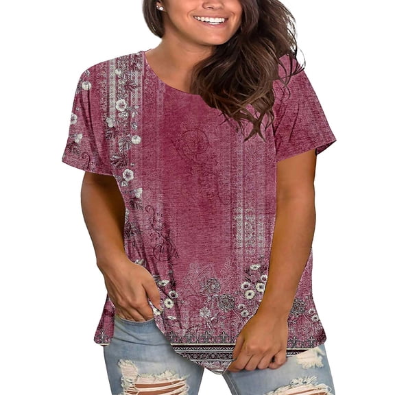 Bovemsi Plus Size Round Neck Short Sleeve T-Shirt for Women - Summer Loose Fit Casual Top with Floral Print - Cotton Blend Stretch Fabric, Wine, 3XL