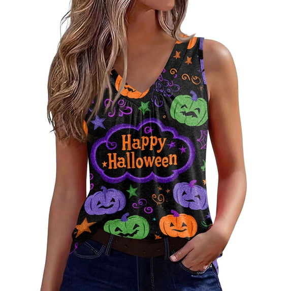 Bovemsi Plus Size Tank Tops for Women V Neck Pumpkin Graphic Sleeveless, Halloween Layering Comfort Tops for Women Trendy L