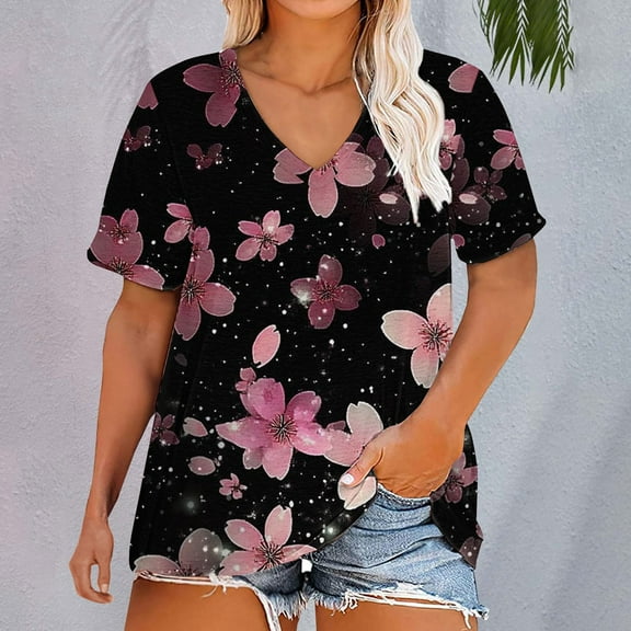Bovemsi Plus Size V Neck T Shirts Women Short Sleeve Tops Casual Summer Tshirts Loose Fit Tee, Black Women's Summer Short Sleeve T-Shirts, XXL