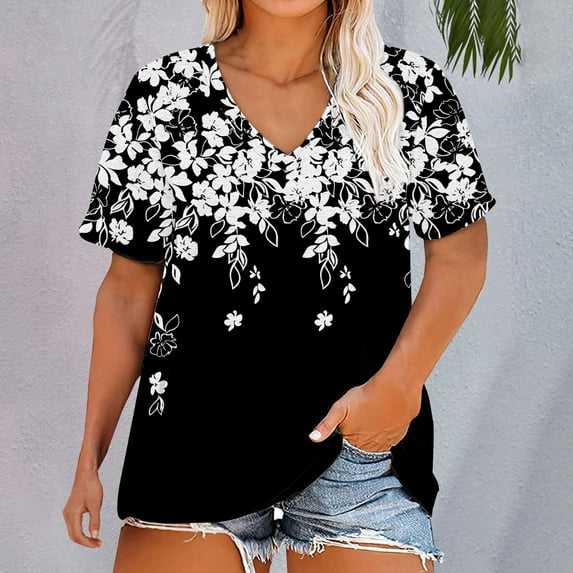 Bovemsi Plus Size V Neck T Shirts Women Short Sleeve Tops Casual Summer Tshirts Loose Fit Tee, Black Women's Summer Short Sleeve T-Shirts, XXL