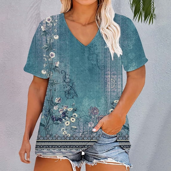 Bovemsi Plus Size V Neck T Shirts Women Short Sleeve Tops Casual Summer Tshirts Loose Fit Tee, Blue Women's Summer Short Sleeve T-Shirts, L