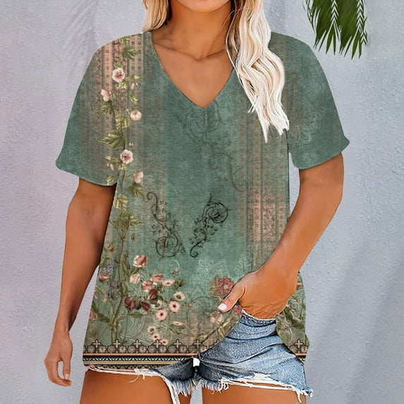 Bovemsi Plus Size V Neck T Shirts Women Short Sleeve Tops Casual Summer Tshirts Loose Fit Tee, Green Women's Summer Short Sleeve T-Shirts, 3XL