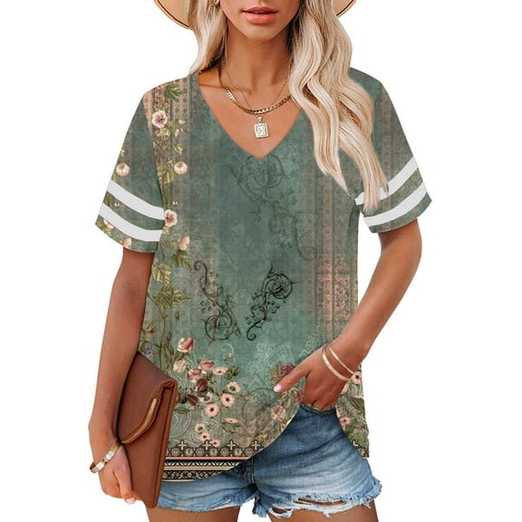 Bovemsi Plus Size V Neck T Shirts Women Short Sleeve Tops Casual Summer Tshirts Loose Fit Tee, Green Women's Summer Short Sleeve T-Shirts, L