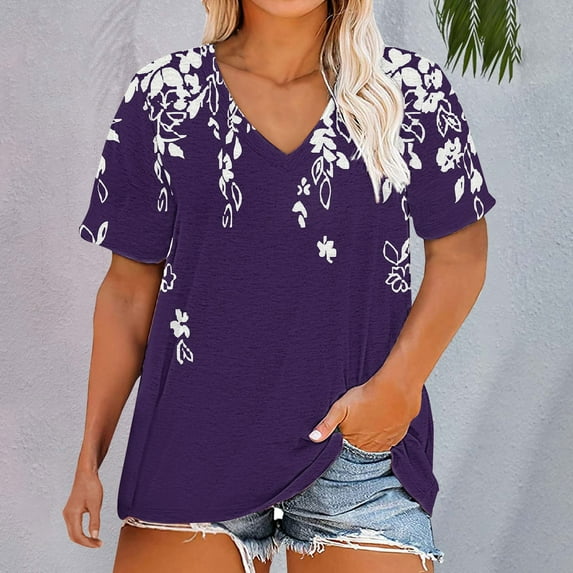 Bovemsi Plus Size V Neck T Shirts Women Short Sleeve Tops Casual Summer Tshirts Loose Fit Tee, Purple Women's Summer Short Sleeve T-Shirts, 3XL