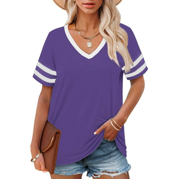 Bovemsi Plus Size V Neck T Shirts Women Short Sleeve Tops Casual Summer Tshirts Loose Fit Tee, Purple Women's Summer Short Sleeve T-Shirts, 4XL