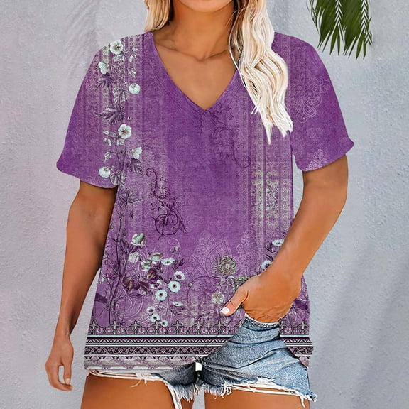 Bovemsi Plus Size V Neck T Shirts Women Short Sleeve Tops Casual Summer Tshirts Loose Fit Tee, Purple Women's Summer Short Sleeve T-Shirts, 4XL