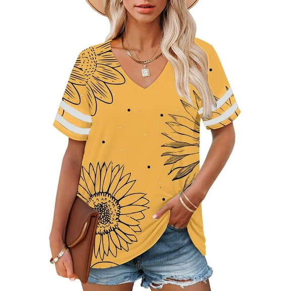 Bovemsi Plus Size V Neck T Shirts Women Short Sleeve Tops Casual Summer Tshirts Loose Fit Tee, Yellow Women's Summer Short Sleeve T-Shirts, 3XL