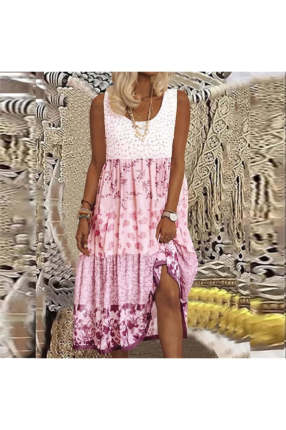 Plus Size Women's Pullover Flower Sleeveless U Neck Printed Dress, Pink Women's Summer Chiffon Blouses, 5XL