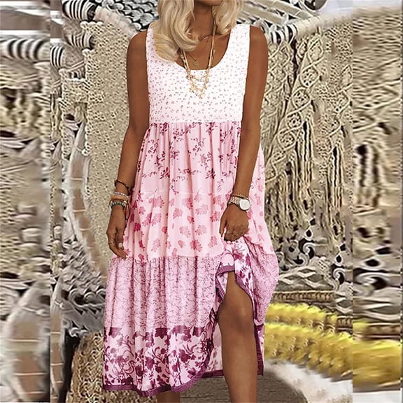 Bovemsi Plus Size Women's Pullover Flower Sleeveless U Neck Printed Dress, Pink Women's Summer Chiffon Blouses, XL