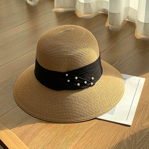Bovemsi Retro Straw Sun Hat for Women – Wide Brim Beach Fedora with Roll-Up Brim Design, Brown, One Size