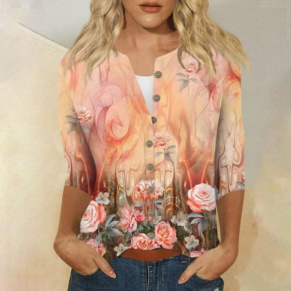 Bovemsi Summer Women's Fashion Printed Seven Quarter Sleeve T Shirt, Pink Women's Summer Short Sleeve T-Shirts, XL