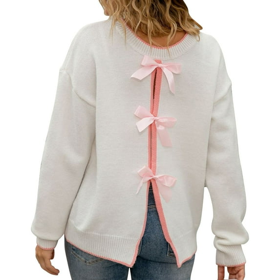 Bovemsi Sweaters for Women Cozy Backless Knit Sweater With Bow Tie Women's Decoration Simple Daily Pullover Fall Sweaters