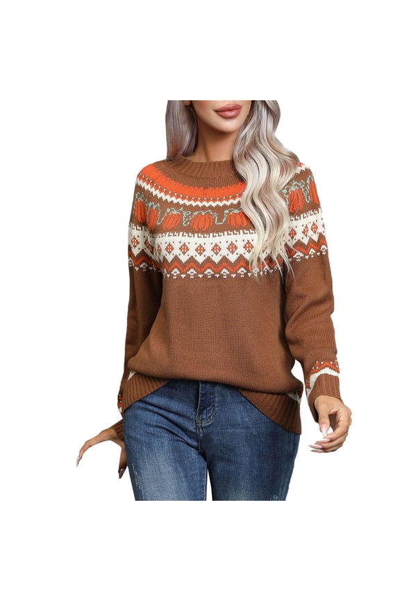 Sweaters for Women Cozy Pumpkin Print Long Sleeves Knit Sweater Crewneck Casual Pullover Tops Fall Halloween Party Sweatershirt Fall Sweaters