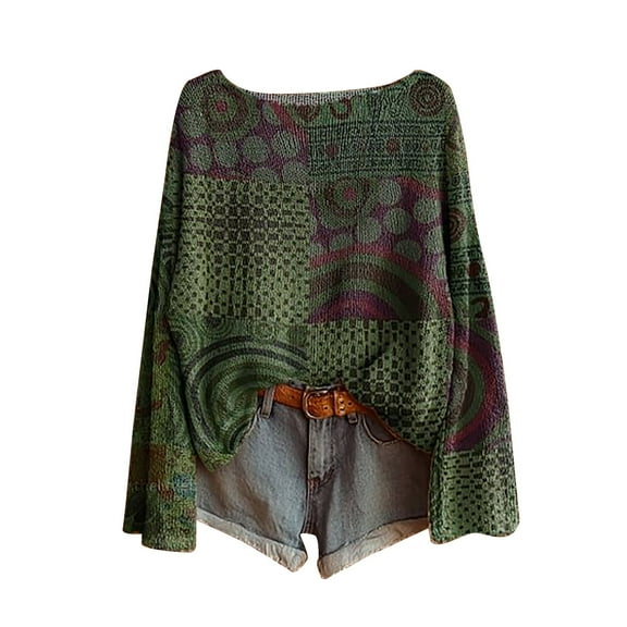 Bovemsi Sweaters for Women Cozy Women's Art Print Casual Pullover Sweater Knitted Fashion Long Sleeve Crewneck Blouse Winter Top Fall Sweaters