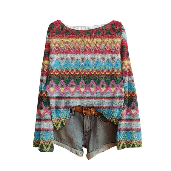 Bovemsi Sweaters for Women Cozy Women's Art Print Casual Pullover Sweater Knitted Fashion Long Sleeve Crewneck Blouse Winter Top Fall Sweaters