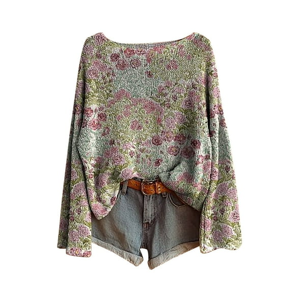 Bovemsi Sweaters for Women Cozy Women's Art Print Casual Pullover Sweater Knitted Fashion Long Sleeve Crewneck Blouse Winter Top Fall Sweaters