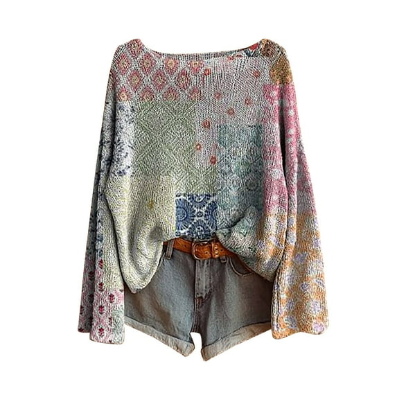 Bovemsi Sweaters for Women Cozy Women's Art Print Casual Pullover Sweater Knitted Fashion Long Sleeve Crewneck Blouse Winter Top Fall Sweaters