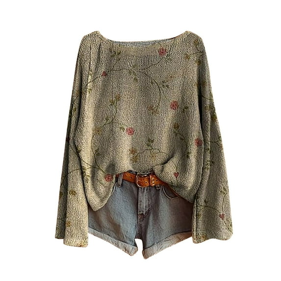 Bovemsi Sweaters for Women Cozy Women's Art Print Casual Pullover Sweater Knitted Fashion Long Sleeve Crewneck Blouse Winter Top Fall Sweaters