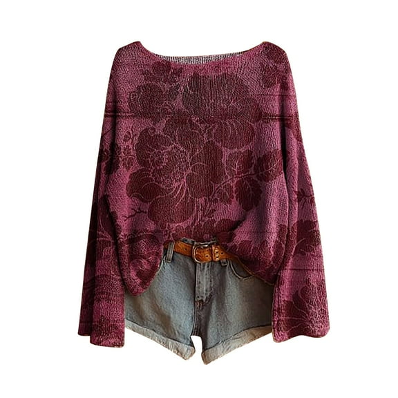 Bovemsi Sweaters for Women Cozy Women's Art Print Casual Pullover Sweater Knitted Fashion Long Sleeve Crewneck Blouse Winter Top Fall Sweaters
