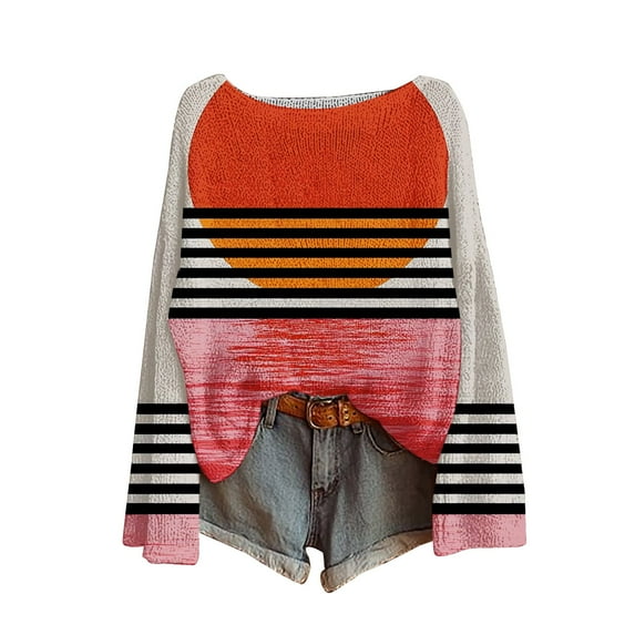 Bovemsi Sweaters for Women Cozy Women's Art Print Casual Pullover Sweater Knitted Fashion Long Sleeve Crewneck Blouse Winter Top Fall Sweaters