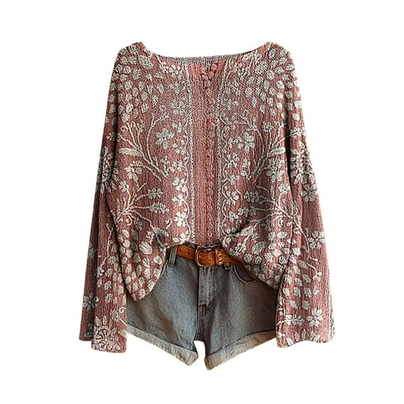 Bovemsi Sweaters for Women Cozy Women's Art Print Casual Pullover Sweater Knitted Fashion Long Sleeve Crewneck Blouse Winter Top Fall Sweaters