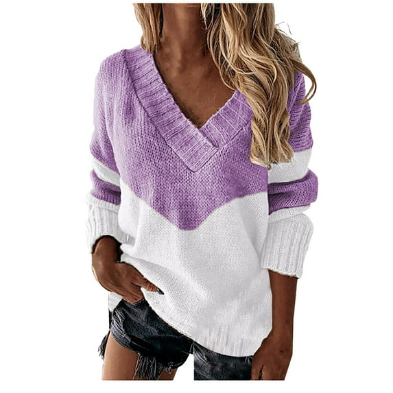 Bovemsi Sweaters for Women Cozy Women's Autumn Winter V Neck Color Blocked Knitted Loose Casual Warm Pullover Sweater Fall Sweaters