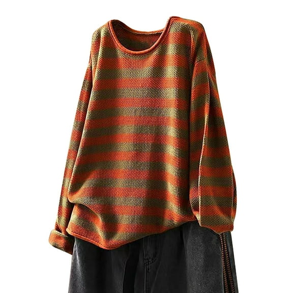 Bovemsi Sweaters for Women Cozy Women's Cotton O Neck Striped Long Sleeve Loose Pullover Tops Fall Sweaters