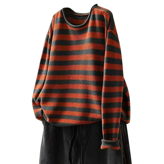 Bovemsi Sweaters for Women Cozy Women's Cotton O Neck Striped Long Sleeve Loose Pullover Tops Fall Sweaters
