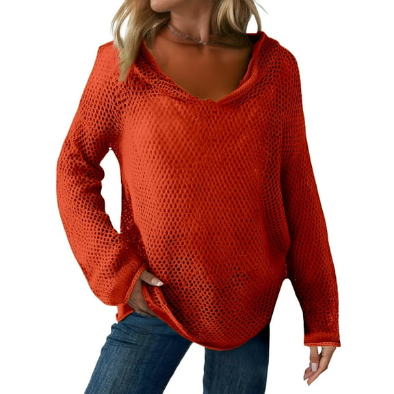 Bovemsi Sweaters for Women Cozy Women's Hollow Out Crochet Sweater Long Sleeve Drop Shoulder Pullover Hoodie Knitwear Fall Sweaters