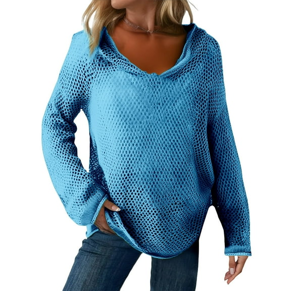 Bovemsi Sweaters for Women Cozy Women's Hollow Out Crochet Sweater Long Sleeve Drop Shoulder Pullover Hoodie Knitwear Fall Sweaters