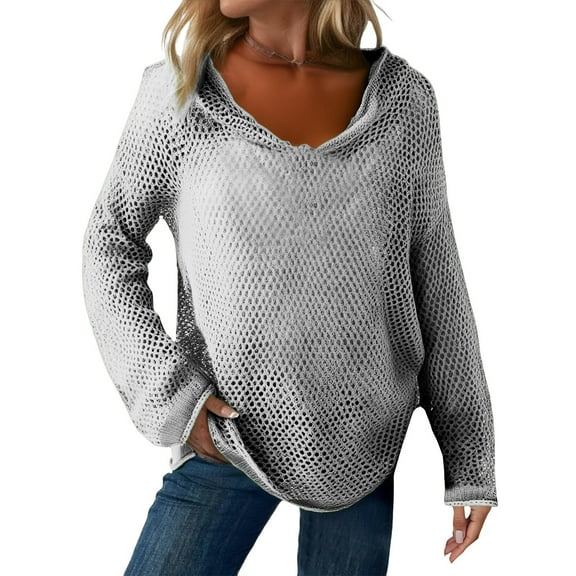 Bovemsi Sweaters for Women Cozy Women's Hollow Out Crochet Sweater Long Sleeve Drop Shoulder Pullover Hoodie Knitwear Fall Sweaters