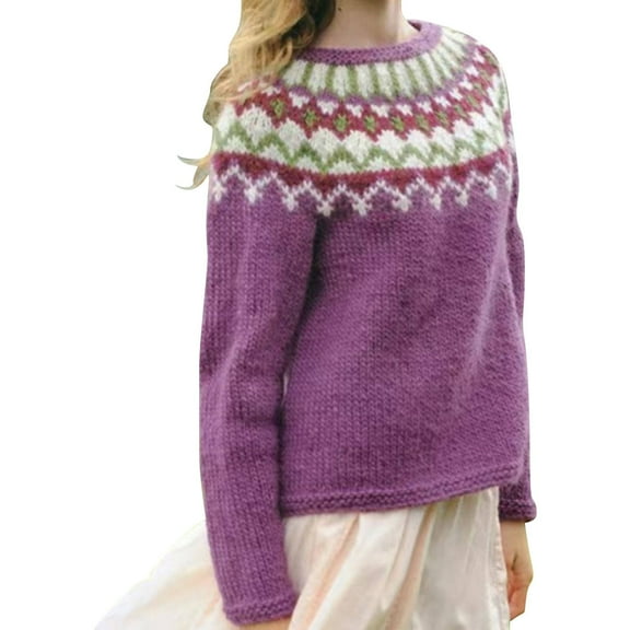 Bovemsi Sweaters for Women Cozy Women's Knitted Isle Print Retro Sweater Casual Loose Crewneck Long Sleeve Cropped Pullover Tops Fall Sweaters