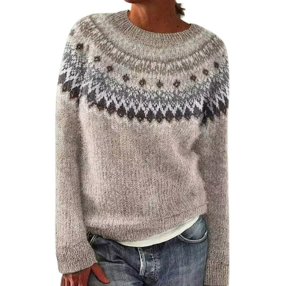 Bovemsi Sweaters for Women Cozy Women's Knitted Isle Print Retro Sweater Casual Loose Crewneck Long Sleeve Cropped Pullover Tops Fall Sweaters