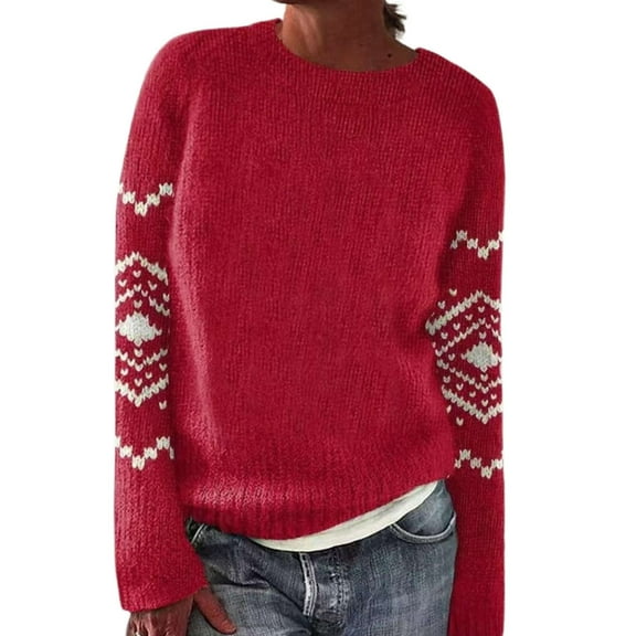 Bovemsi Sweaters for Women Cozy Women's Knitted Isle Print Retro Sweater Casual Loose Crewneck Long Sleeve Cropped Pullover Tops Fall Sweaters