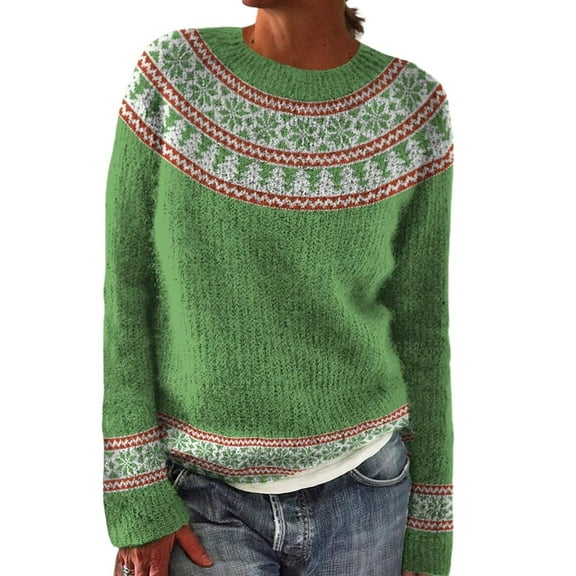 Bovemsi Sweaters for Women Cozy Women's Knitted Isle Print Retro Sweater Casual Loose Crewneck Long Sleeve Cropped Pullover Tops Fall Sweaters
