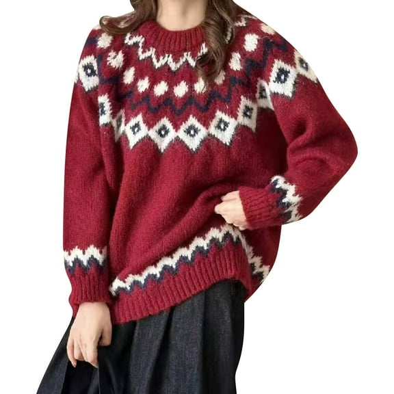 Bovemsi Sweaters for Women Cozy Women's Knitted Isle Print Retro Sweater Casual Loose Crewneck Long Sleeve Cropped Pullover Tops Fall Sweaters