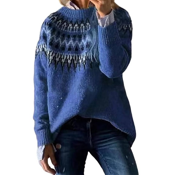 Bovemsi Sweaters for Women Cozy Women's Knitted Isle Print Retro Sweater Casual Loose Crewneck Long Sleeve Cropped Pullover Tops Fall Sweaters