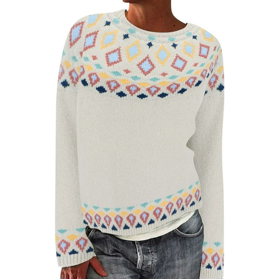 Bovemsi Sweaters for Women Cozy Women's Knitted Isle Print Retro Sweater Casual Loose Crewneck Long Sleeve Cropped Pullover Tops Fall Sweaters