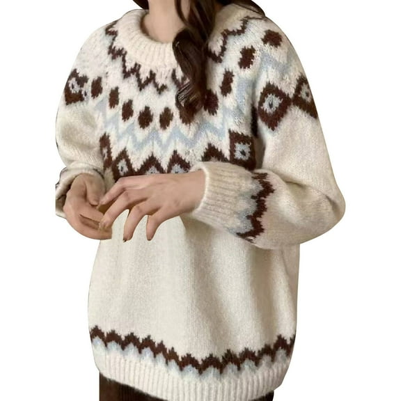 Bovemsi Sweaters for Women Cozy Women's Knitted Isle Print Retro Sweater Casual Loose Crewneck Long Sleeve Cropped Pullover Tops Fall Sweaters